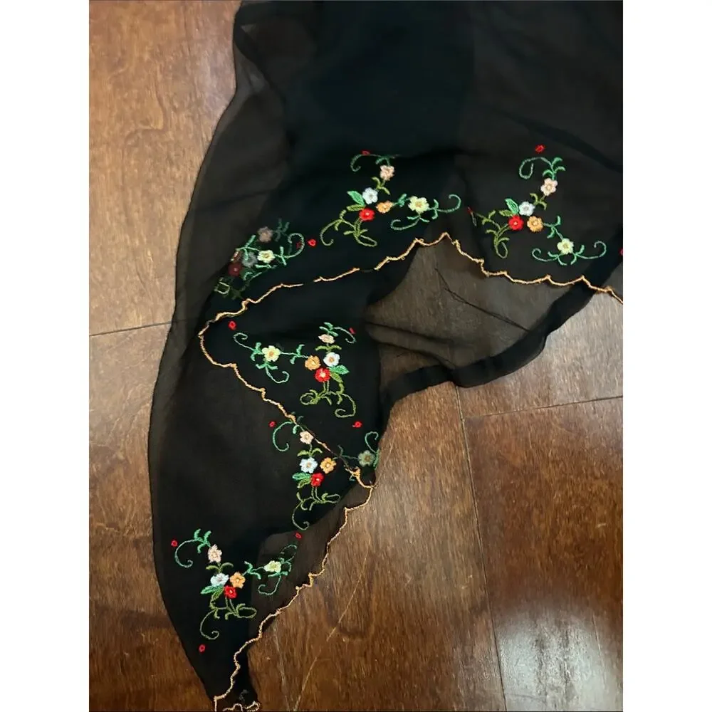Black Sheer Scalloped Scarf with Colorful Floral Embroidery, Feminine Witchy